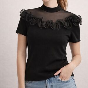 New York & Company Black Sheer Ruffle Top